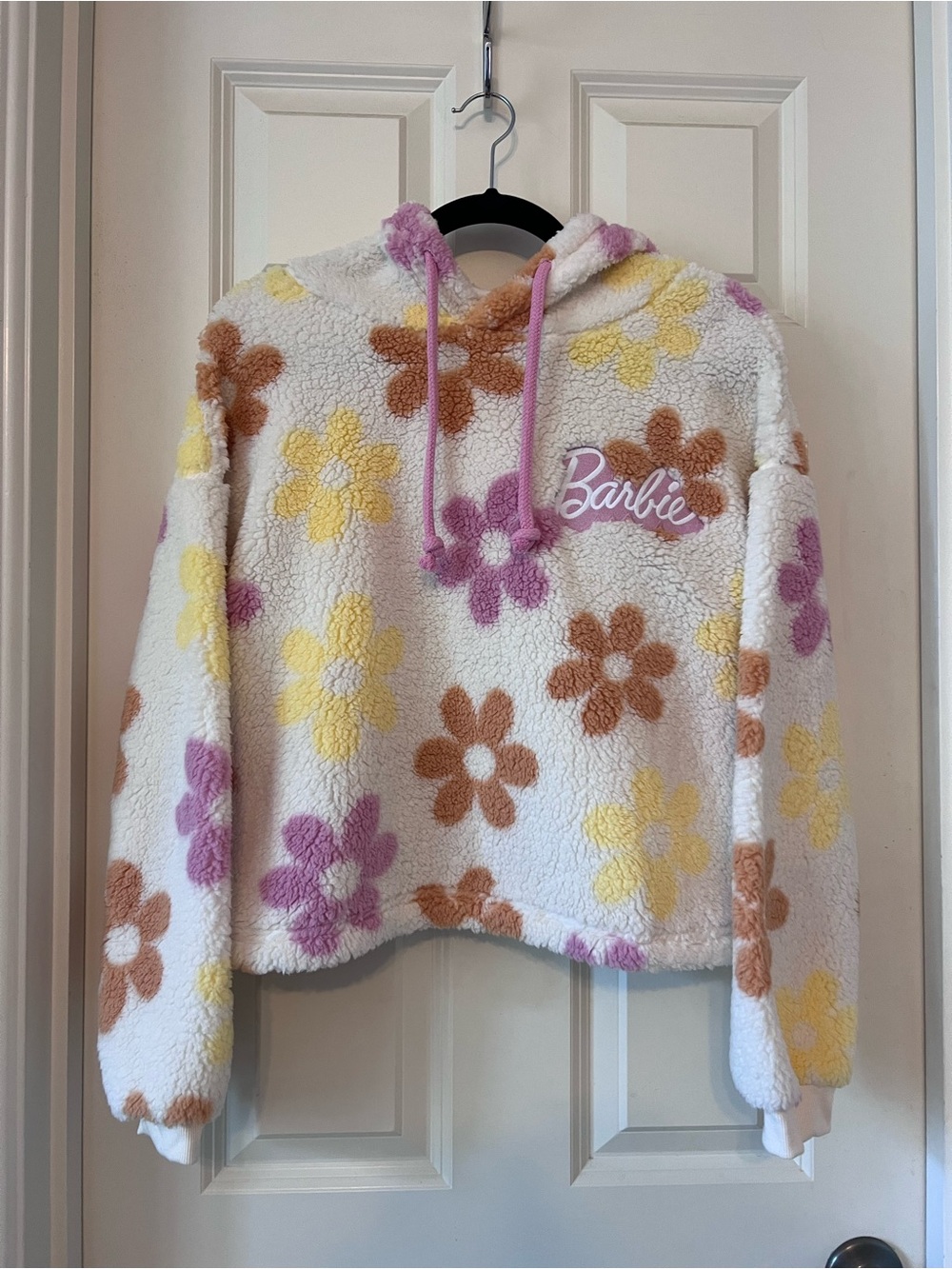 Size Small Barbie White Sherpa Hoodie with Pink, Yellow & Orange Floral Print
